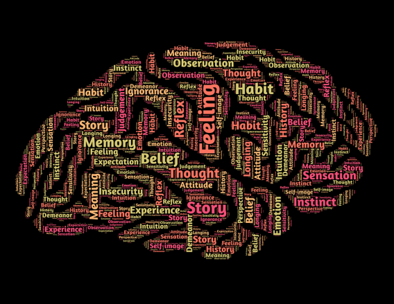 infografica a forma di cervello con scritte rosa su fondo nero